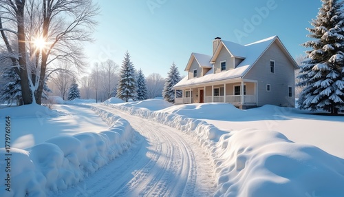 Suburban house with cleared driveway after heavy snowfall. Bright sun shines on a cold winter morning. The quiet rural neighborhood landscape is covered in deep white snow. Family home exterior scene.