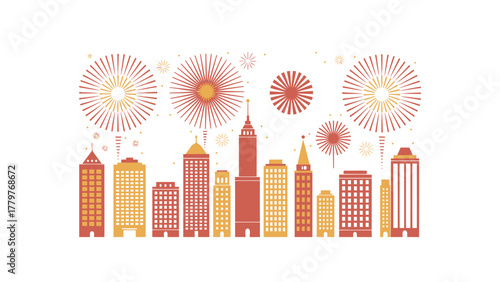 Vibrant cityscape skyline with festive fireworks display illuminating the night sky above tall buildings