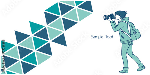 a person with a camera and backpack standing next to a geometric blue and teal triangle pattern on a white background with sample text