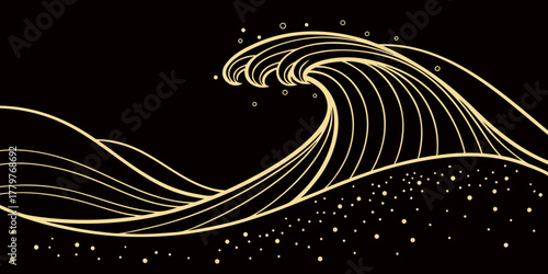 elegant golden wave line art on black background art nouveau japanese style flowing curves luxury minimalist illustration oceanic design
