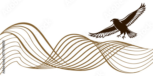 minimalist eagle soaring above flowing waves line art illustration brown tones abstract nature design freedom concept