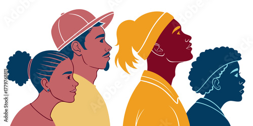 diverse women profiles illustration with multicultural faces different hairstyles colorful modern flat design representing unity and empowerment