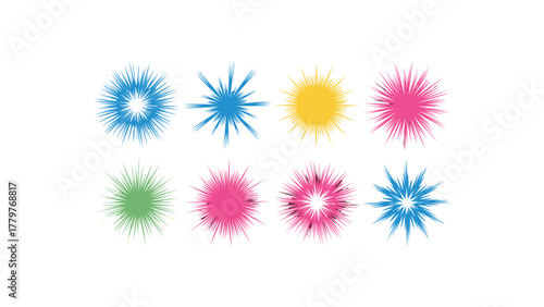 Collection of eight vibrant abstract starbursts and explosions in various bright colors on a white background