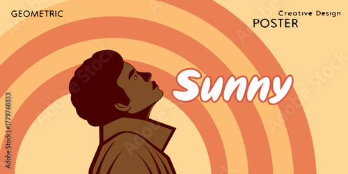 sunny retro poster with black woman profile and vintage sunburst geometric circles 1970s inspired design warm orange tones