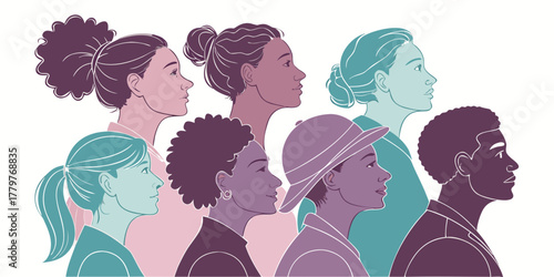 diverse women silhouettes illustration with multiple profiles purple teal pink colors representing multicultural unity and empowerment