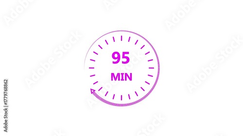 Clock icon 95 minute magenta color animation. Stopwatch in flat style 95 minute on white background.