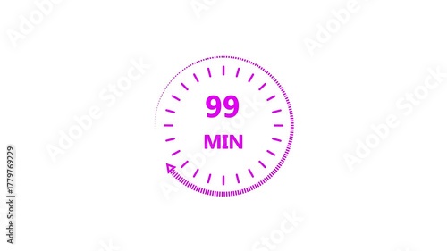 Clock icon 99 minute magenta color animation. Stopwatch in flat style 99 minute on white background.