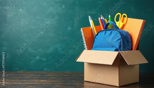 School donation in box. Backpack full of study supplies and stationery. Schoolchild accessories for learning. Educational support and back to school help concept. Supplies drive on grunge background.