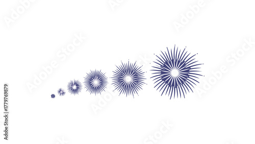 Abstract blue starburst fireworks exploding in a sequence from small to large against a white background