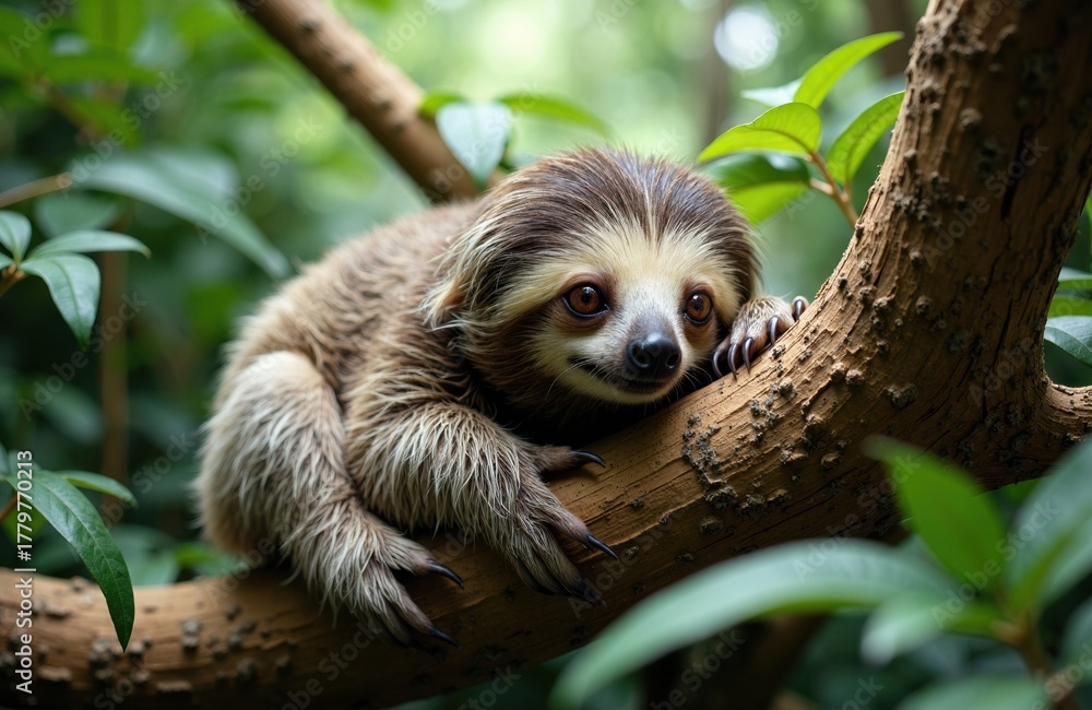 Obraz premium Cute young sloth hanging on tree branch in lush green jungle environment