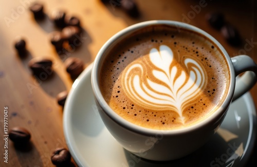 A cup of coffee with latte art on a wooden table surrounded by coffee beans