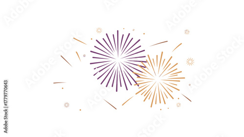 Vibrant abstract illustration of purple and orange fireworks bursting in the night sky with subtle sparkling effects