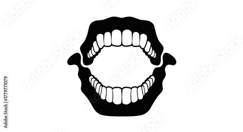 Monochrome vector illustration of an open human mouth with teeth.