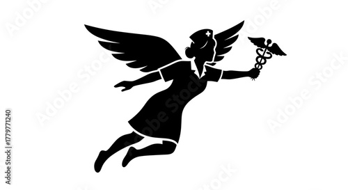 Silhouette of a Flying Nurse Angel with Caduceus Symbol.