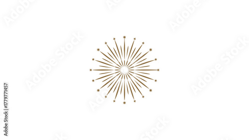 Abstract symmetrical golden starburst explosion with radiating lines and small sparkling dots on a white background