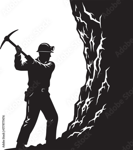 Silhouette of a miner wearing a helmet with a headlamp, striking a rocky surface with a pickaxe, emphasizing hard work and resource extraction in a dangerous environment