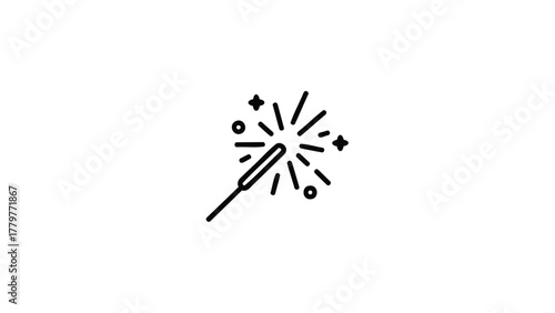 Simple line art icon of a sparkler igniting with radiant stars and circles on a white background