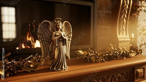 Golden angel figurine on a wooden mantelpiece with a fireplace and festive decorations for greeting card