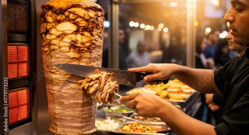 Chef slicing shawarma meat from a vertical rotisserie. Preparing traditional Turkish doner kebab at a street food stall. Middle Eastern fast food concept.