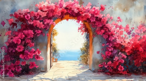 Fototapeta Naklejka Na Ścianę i Meble -  Bougainvillea in Bloom: Watercolor Art of Mediterranean Architecture with a Floral Doorway