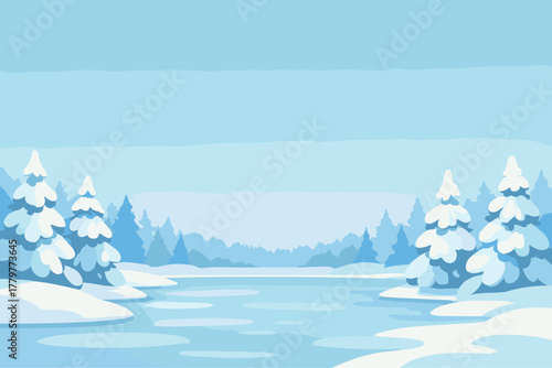 Winter wonderland landscape with snowy trees and frozen lake under clear blue sky