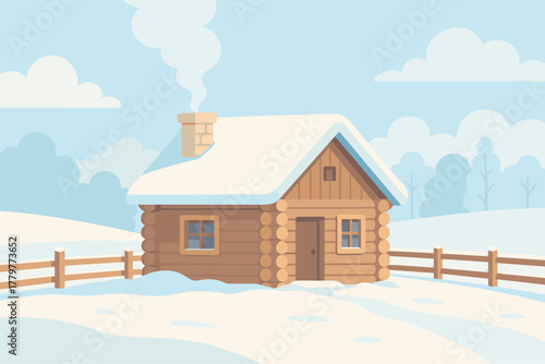 Cozy winter cabin in snowy landscape with smoke from chimney and rustic fencing