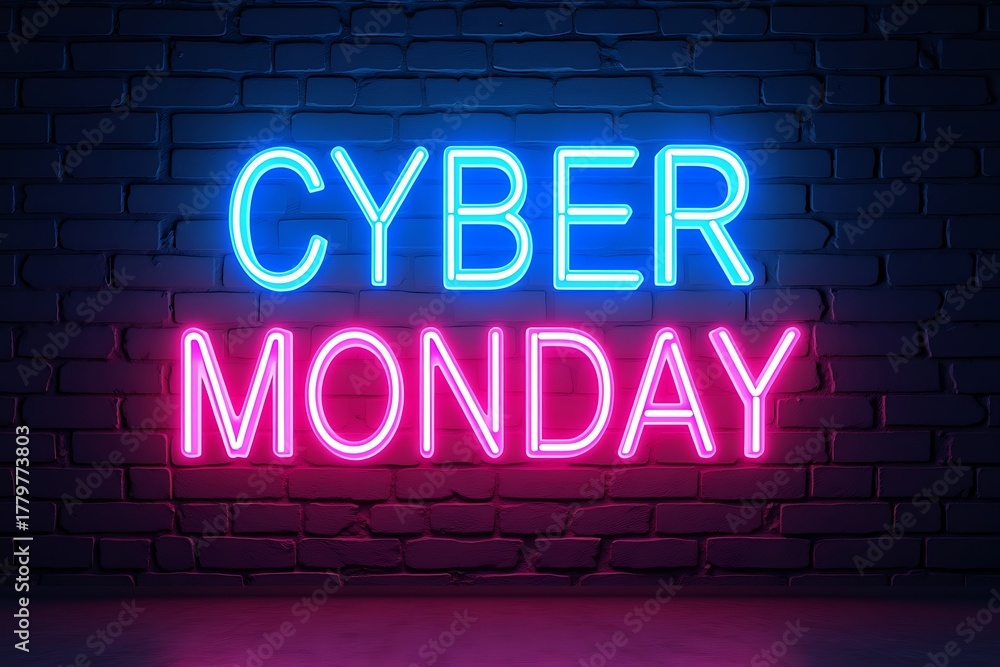 Obraz premium Bright neon sign displays cyber monday text against a dark brick wall