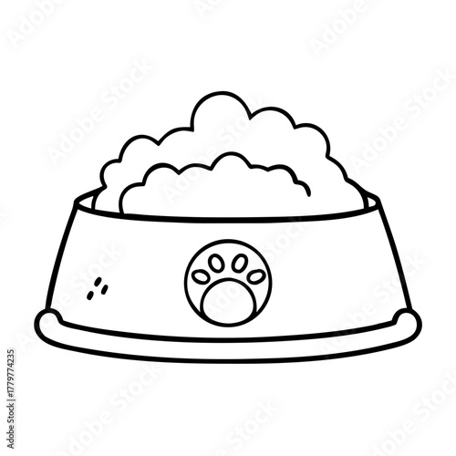 Simple line drawing of a full dog bowl with paw print emblem