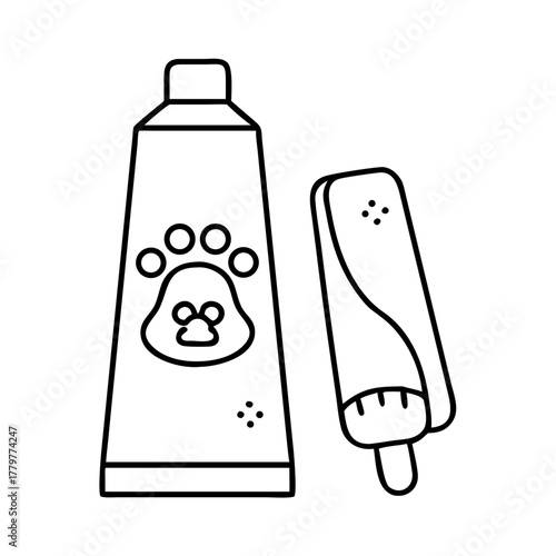 Pet paw balm tube and applicator line art icon