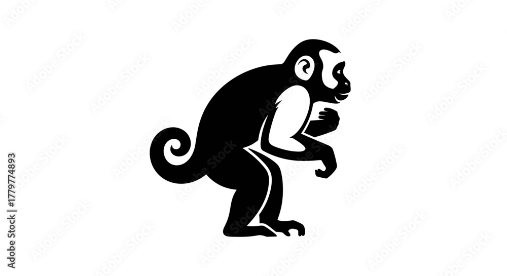 Fototapeta premium Stylized Black Silhouette of a Curious Monkey.
