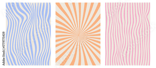 Abstract groovy retro background set. Vintage waves, stripes, swirl, twirl pattern. Twisted and distorted vector texture. Illustration in trendy retro psychedelic style for for wallpapers, posters.