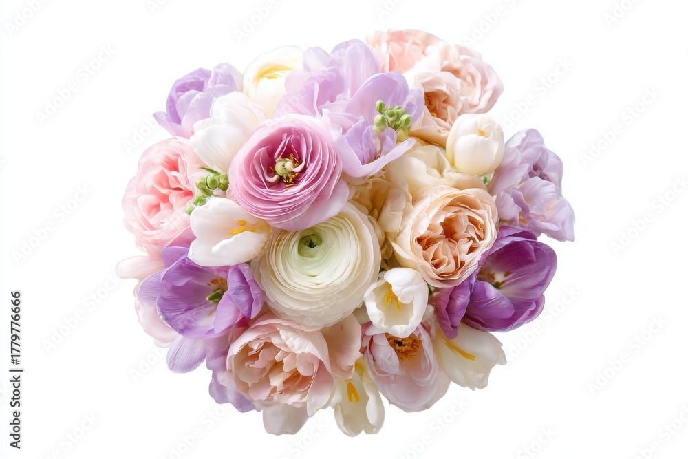 Obraz premium Romantic pastel bouquet with roses and tulips isolated on white for Valentine’s projects.