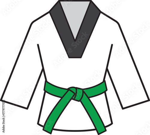 Taekwondo Martial art Uniform with Green belt icon.