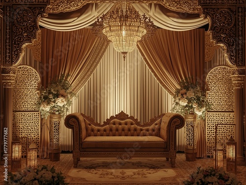 Elegant golden chaise lounge beneath a crystal chandelier, perfect for upscale events, weddings, or luxurious interior design projects with a touch of old-world glamour