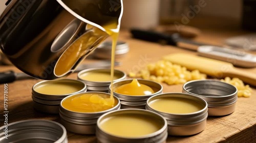 Handmade Balm Being Poured Into Small Tins For Sale.