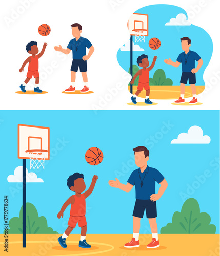 Young Boy Practicing Basketball with Coach in Modern Flat Design Illustration