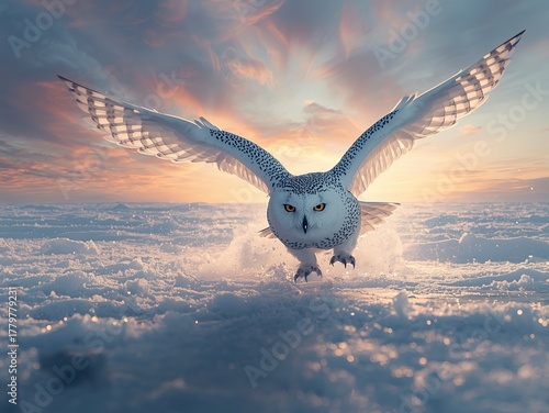Majestic snowy owl soaring gracefully over a shimmering winter landscape at sunset, creating a sense of freedom and wonder, a beautiful wildlife moment