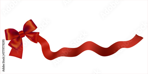 Red satin bow and ribbon. Vector illustration for greeting cards, winter prints, cover, calendar, gift tags and social media isolated on the white background	