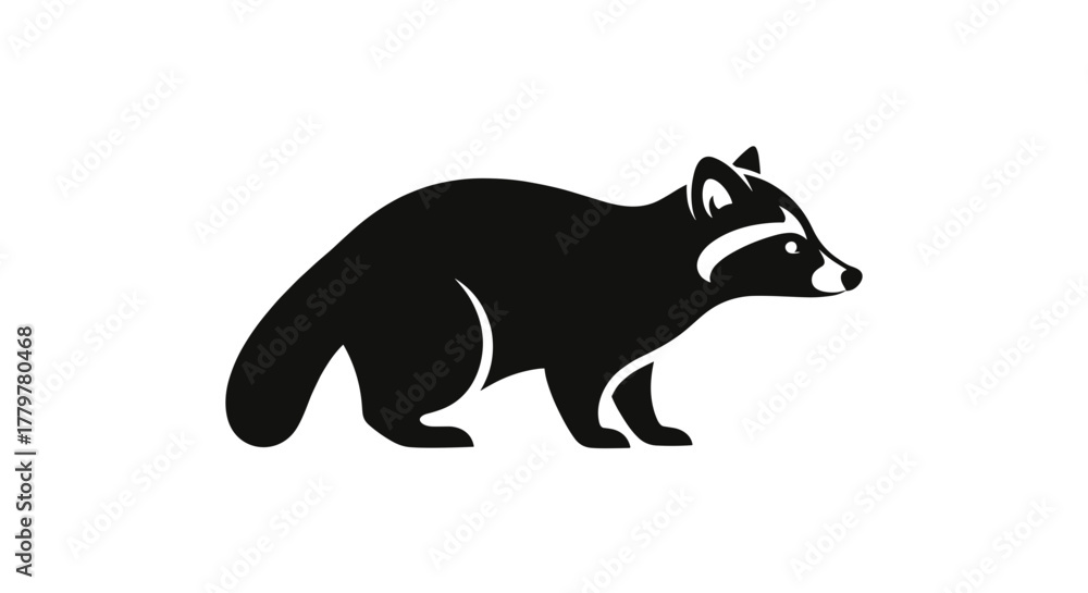 Fototapeta premium Black raccoon silhouette illustration on white background animal art.