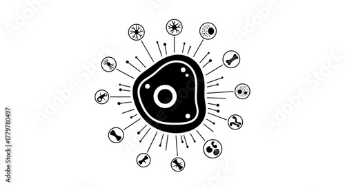 Microscopic cell surrounded by various microorganisms and bacteria.