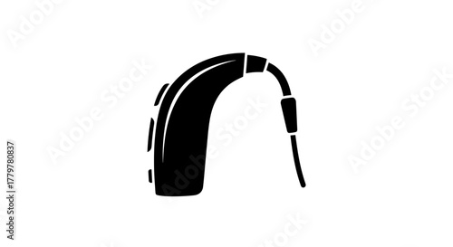 Black Hearing Aid Device Silhouette Isolated on White Background.