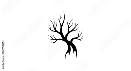 Black silhouette of a bare tree with twisted branches.
