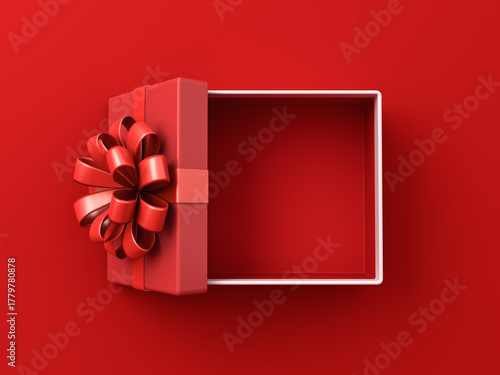 Top view of blank red gift box open or opened red present box with white edge and red ribbon bow isolated on dark red background with shadow minimal conceptual 3D rendering