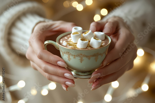 Cocoa with marshmallows in an exquisite golden cup in hands.