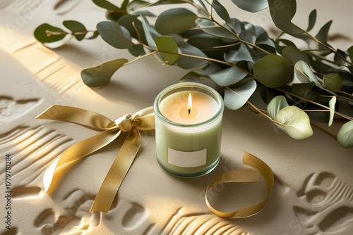Luxury candle and ribbon still life. Elegant pistachio gold holiday decor. Minimal celebration mood.