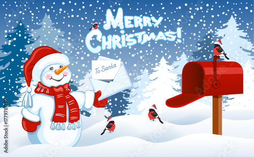 Snowman with Santa letter and red mailbox against winter forest background. North pole mail. Christmas card. New Year card.