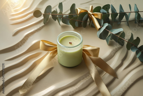 Luxury candle and ribbon still life. Elegant pistachio gold holiday decor. Minimal celebration mood.