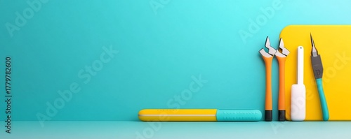 Colorful Minimalist Toolkit Wrenches, Screwdriver and Tweezers on Turquoise Backdrop, Tools, Repair