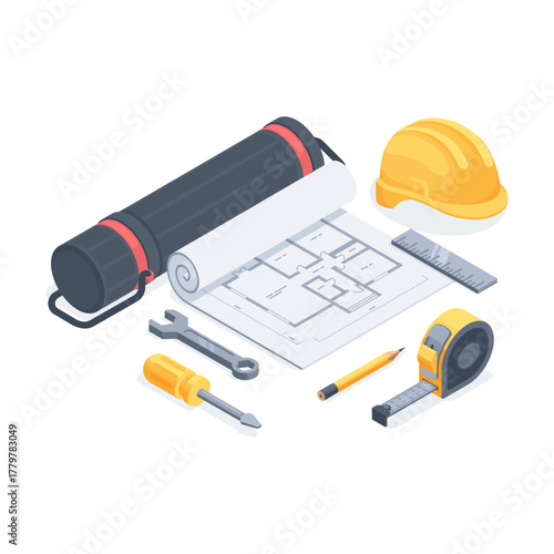 Isometric vector construction helmet next to a blueprint and tools, in color on a white background, construction engineering or builder's day