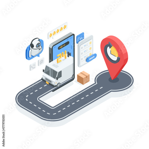 isometric vector car exiting a smartphone screen and a robot consultant near a location sign, in color on a white background, for online ordering of cargo transportation or delivery of goods